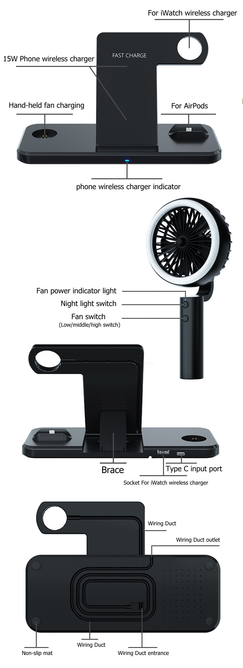 110KHz Multifunction Wireless Charger Stand PC ABS 9V 2A With Fan