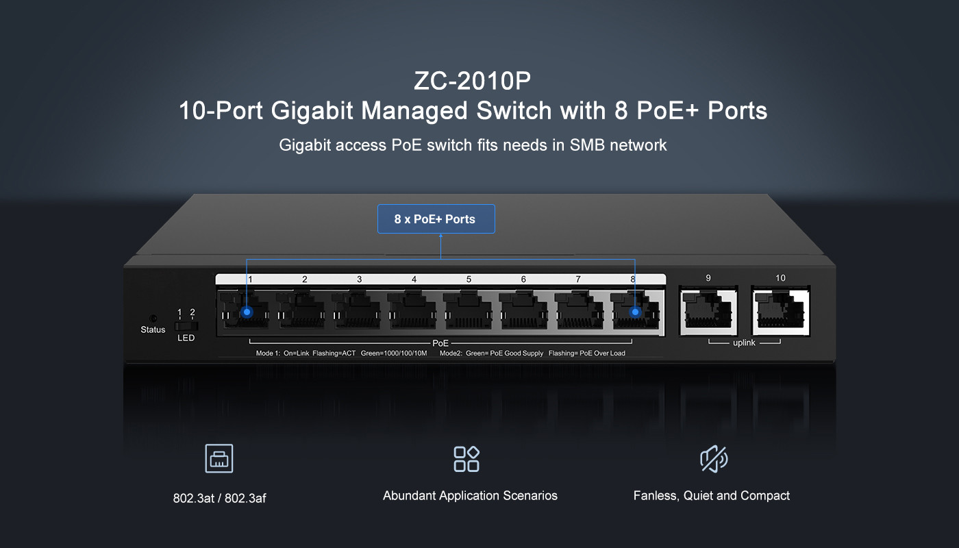 ZC-2010P Gigabit 10 Port Poe Switch Smart Cloud Managed 20 Gbps Switching Capacity
