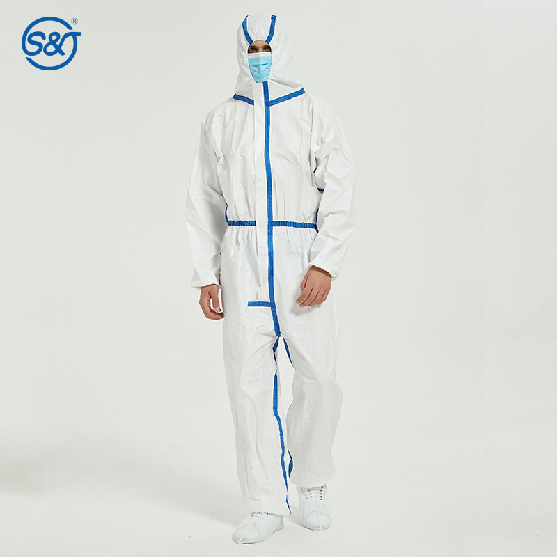 Nonwoven Disposable Microporous Coverall PE Film Coating over PP Layer Seam Sealing Strips EU Standard EN14126 Type 6