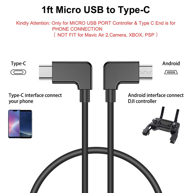90 Degree Angle Micro B to Type C USB Cable for UAV