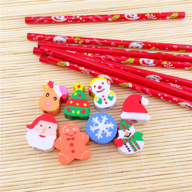 Children School Supplies Christmas Cartoon Eraser Pencil Set with Red Wood Pencils