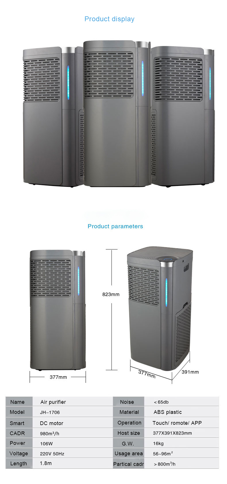 Homefish OEM Luftreiniger Tuya WIFI Air Cleaner H13 HEPA Air Purifiers CADR 980m3/h Air Purifiers for Home Large Room