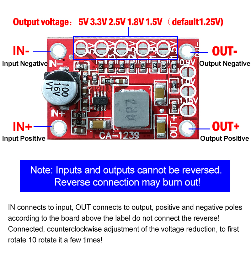CA-1239 Adjustable Buck Converter 5-15V Input 1.25V/1.5V/1.8V/2.5V/3.3V/5V Output Board Mount DC-DC Step down Power Module