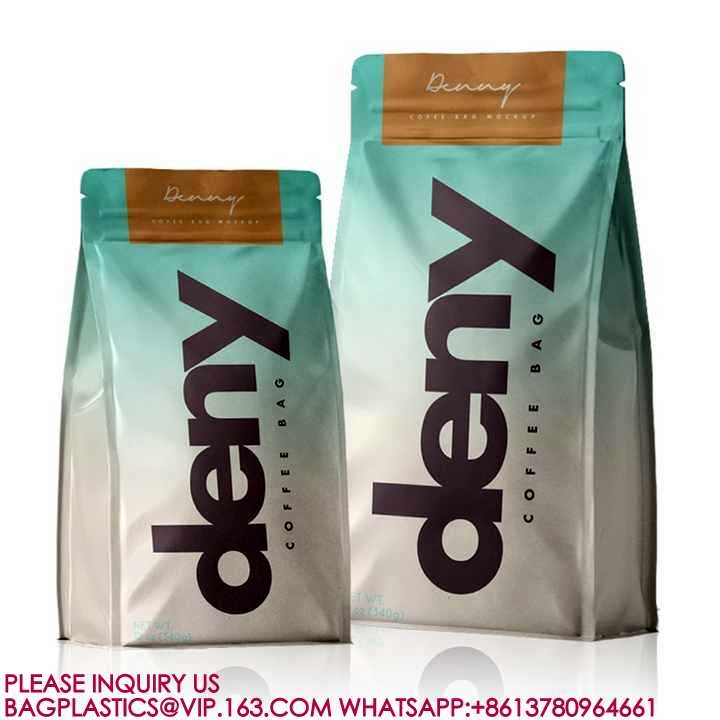 Compostable Flat Bottom Kraft Paper Coffee Pouch Packaging Bags With Valve And Zipper