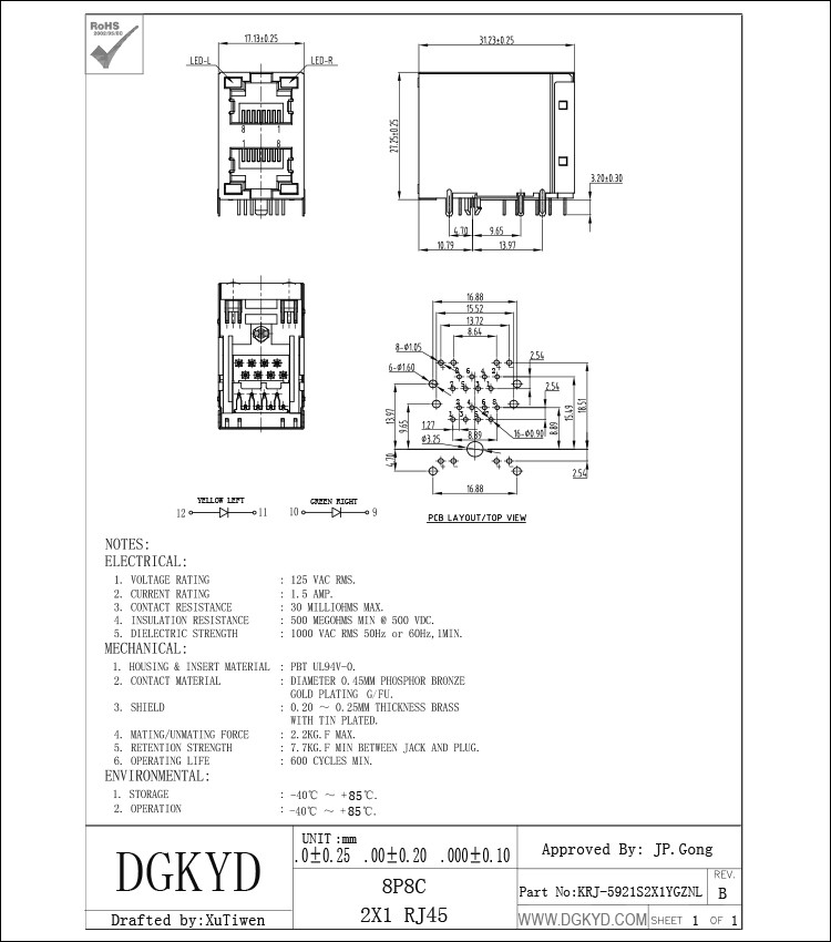 Cat 3 Stack RJ45 2 X 1 Dual Port Rj45 jack Network Rj45 Connectors