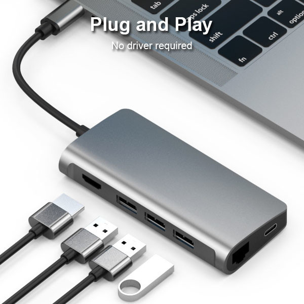 USB 3.0 USB Docking Station 8 In 1 Type C To 4K RJ45 Hub TF PD Adapter