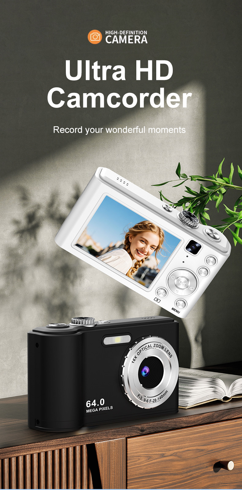Autofocus Digital Camera 44MP FHD 4K 16X Digital Zoom Compact Point Shoot Camera with 64GB SD Card Expandable to 128GB