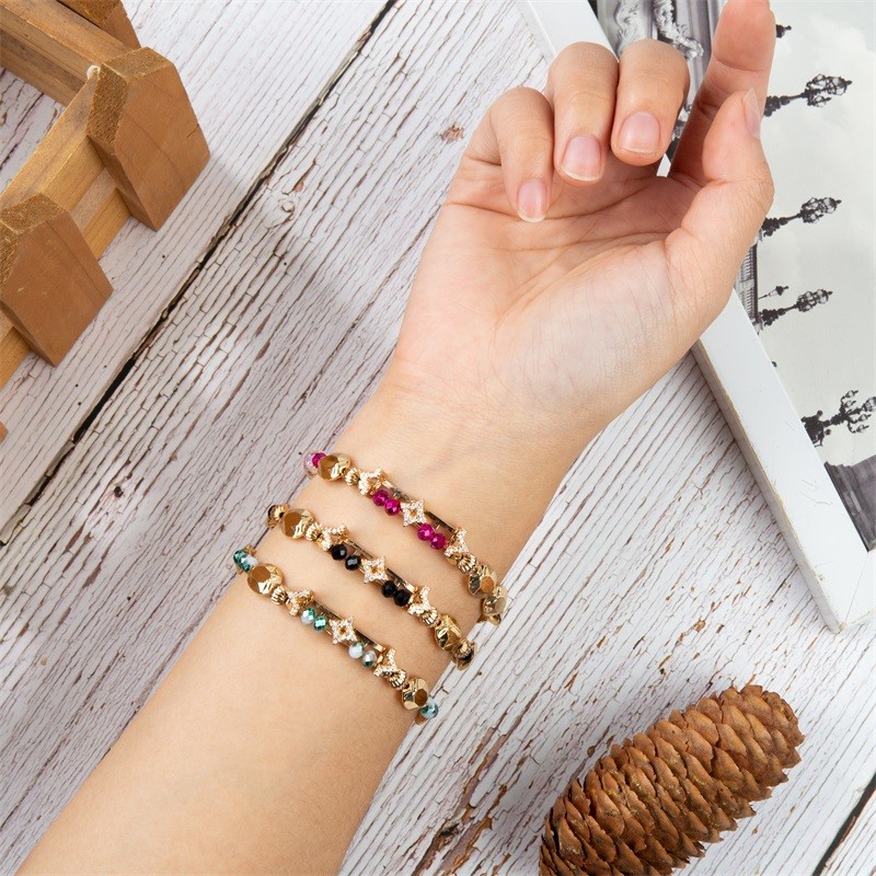 Zircon Gold Star Charm Handmade Elastic Bracelets With Flat Shape Beads For Girl
