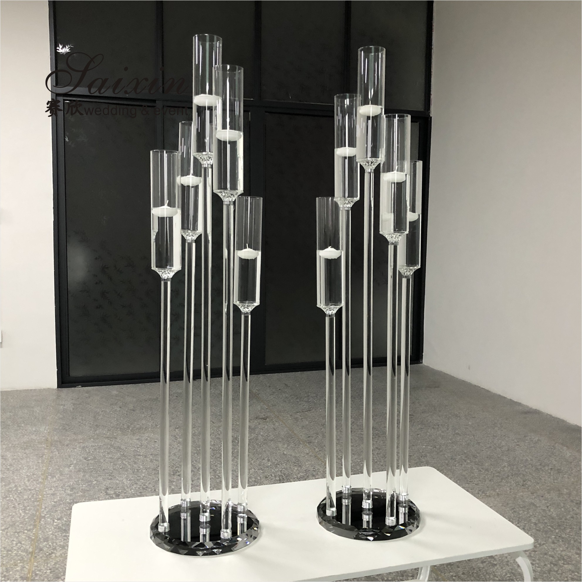 Luxury new design 15 branches holder gray crystal stands for international wedding decorative