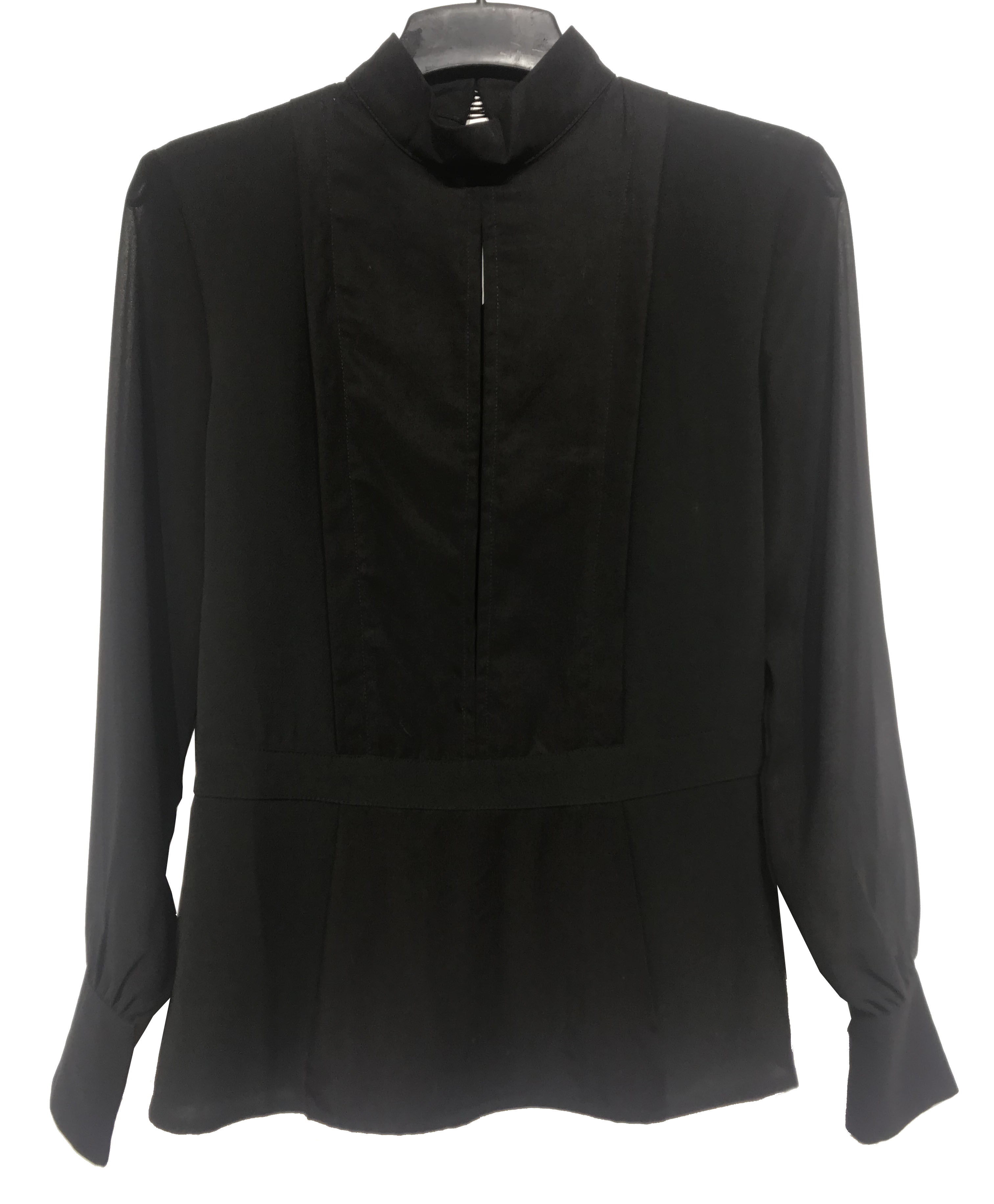 Black Color Long Sleeve Chiffon Shirt / Round Neck Blouse Cotton Material