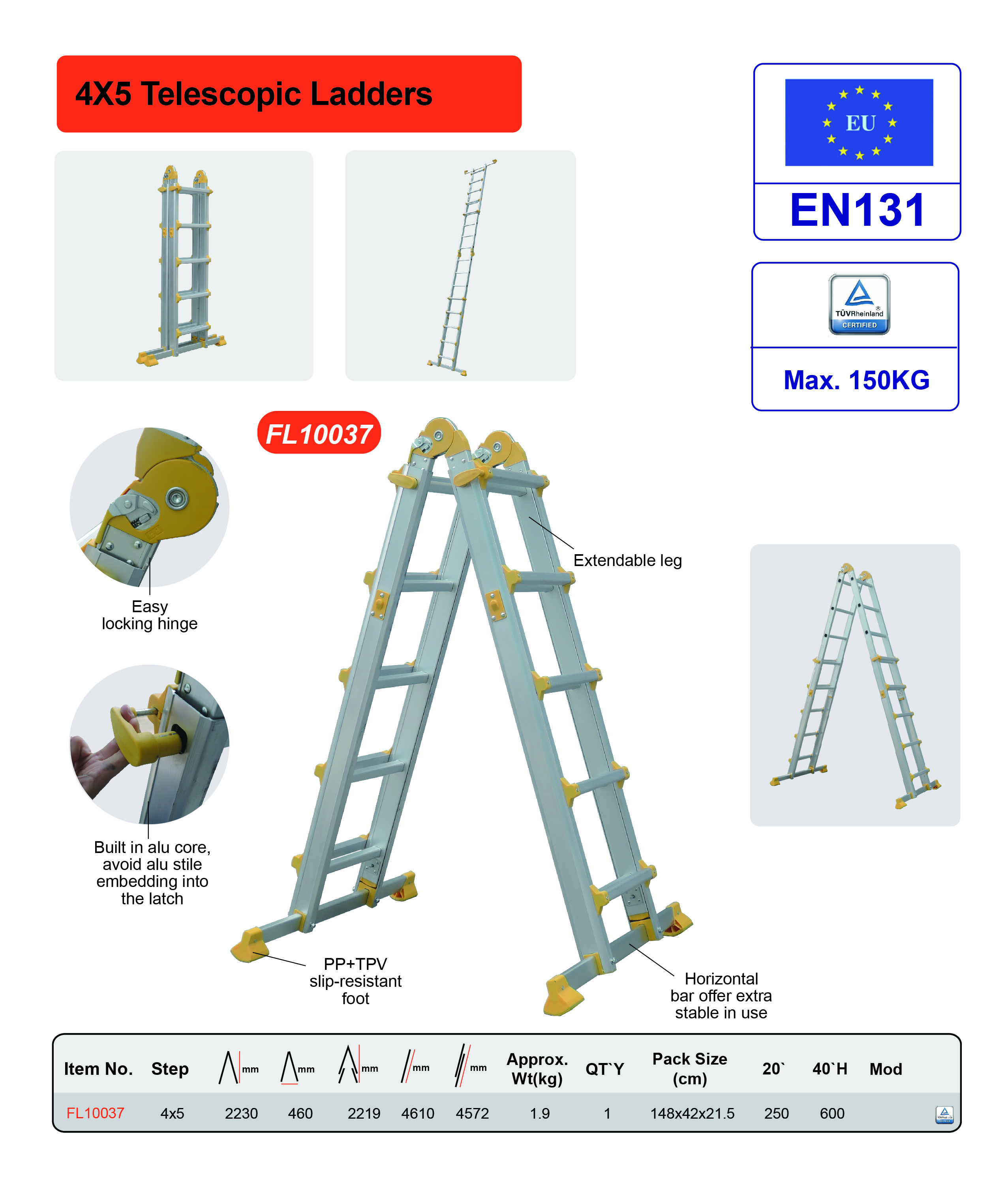 Robust Strength Aluminum Telescopic Ladder 4x5 Collapsible Extension Ladder