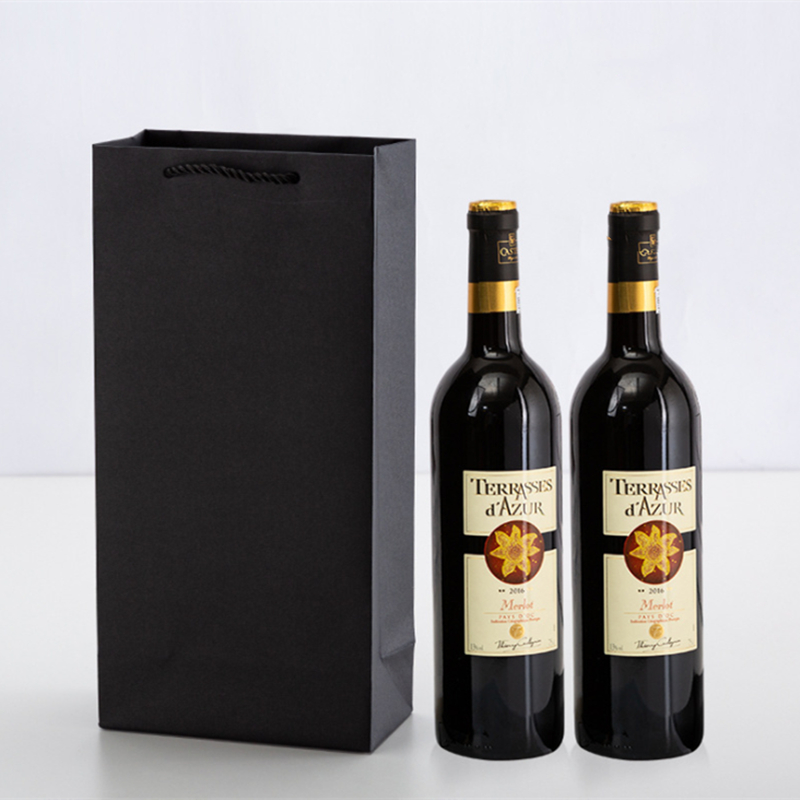 Drawstring Handle Recyclable Paper Kraft Wine Bottle Box Bags Coated Paper