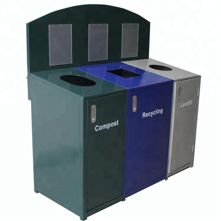 Outdoor Steel Recycling 4 Compartment Trash Can With Galvanized Steel Liner Metal Recycling Bins
