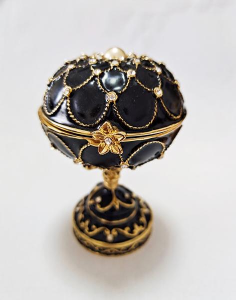 Hand Painted Enameled Blace Faberge Egg Decorative Hinged Jewelry Trinket Box