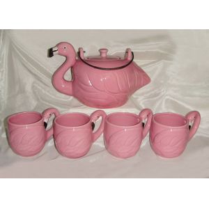 Clear / Gorgeous Pattern 3D Flamingo Teapot Set With Cup Stoneware Dolomite