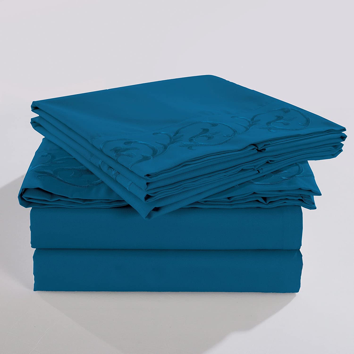 Ready to Ship Luxury Scroll Flowers Embroidery Bed Sheet in Soft Brushed Microfiber