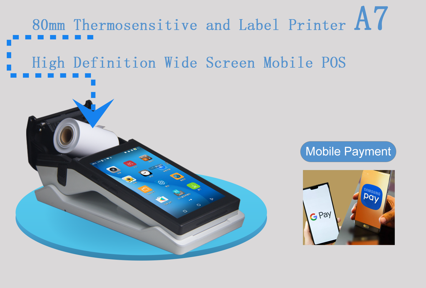 Auto Focus Camera HDD-A7 7 inch HD Screen Mobile Handheld POS Terminal with 80mm Printer