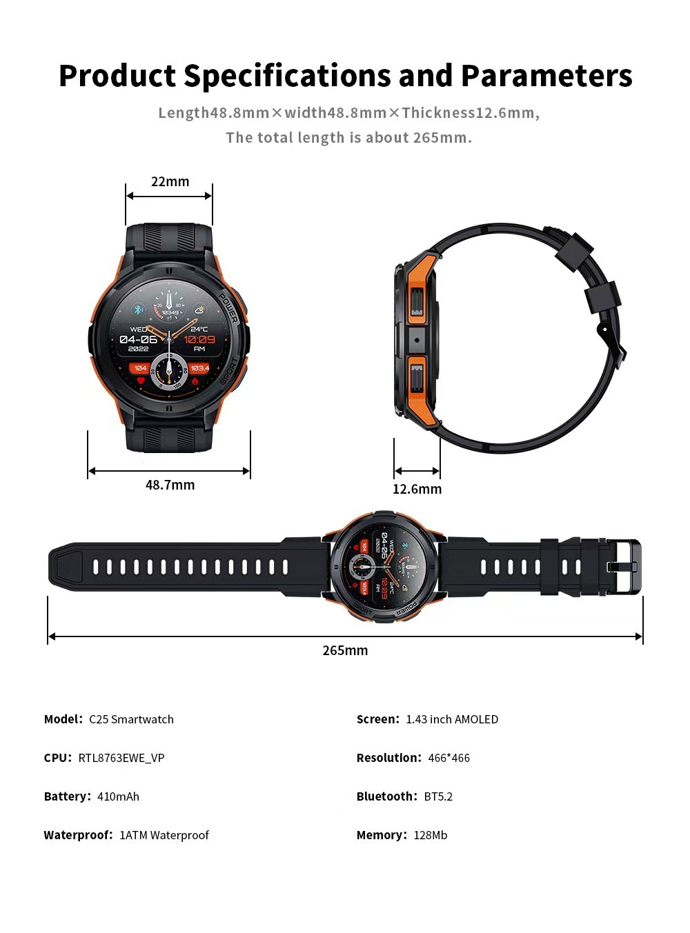 Custom Men Smart Watch C25 1ATM Waterproof And Dustproof Supports Sdk Api Project