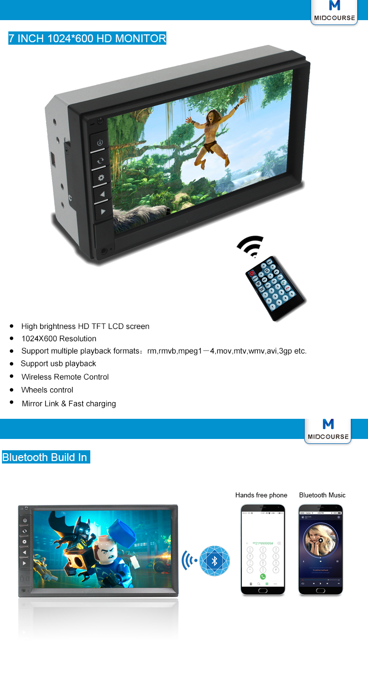 Wholesale Universal 7 Inch 2 Din Touch Screen Bluetooth Car Stereo with New C200S Chip / Mirror Link /New UI /Fast Charg