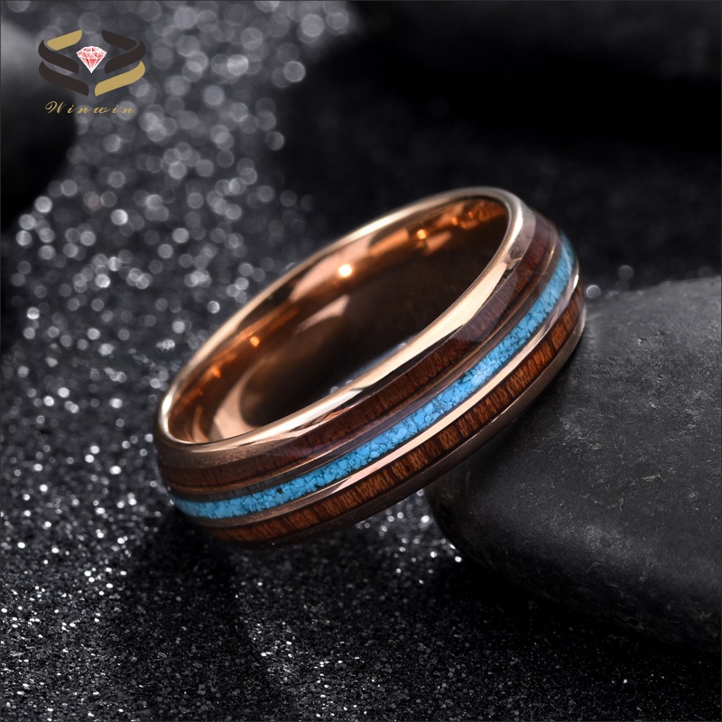 Third Party Appraisal 8mm Dome Polished Rose Gold Mens Tungsten Ring Turquoise Wood Inlay Wedding Bands Certificate Type