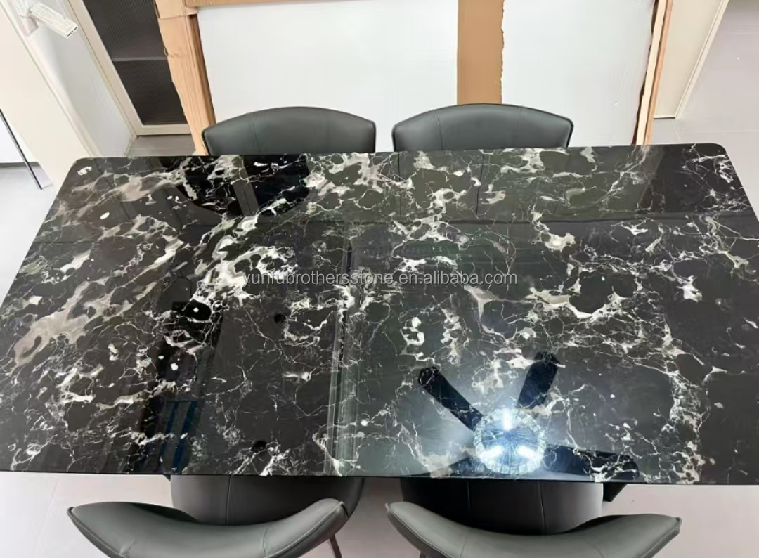 Modern Polished Black Rose Marble Big Slab Dining Table Set for Villa and Hotel Design