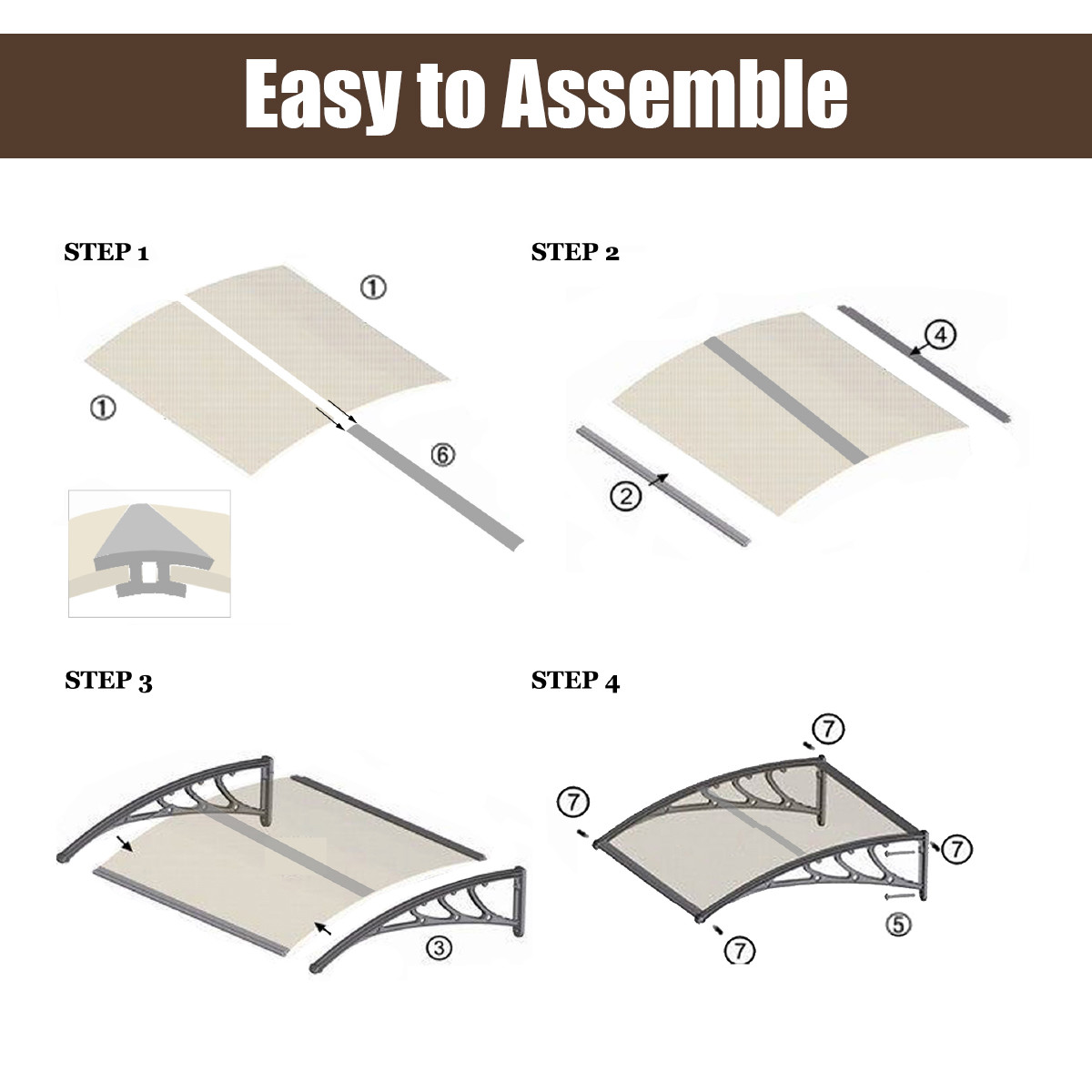 80x240cm Polycarbonate Canopy Window Awning Canopy Window Sun Shade Patio Cover Shelter With Black Support
