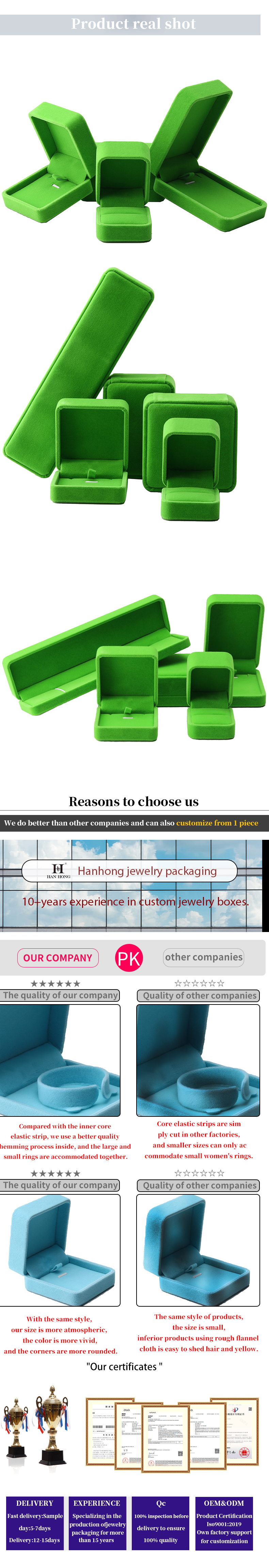 China Manufacturing wholesale high end Handmade Necklace Ring Box Jewellery Packaging Custom logo Luxury Square Suede Velvet light green Jewelry Box