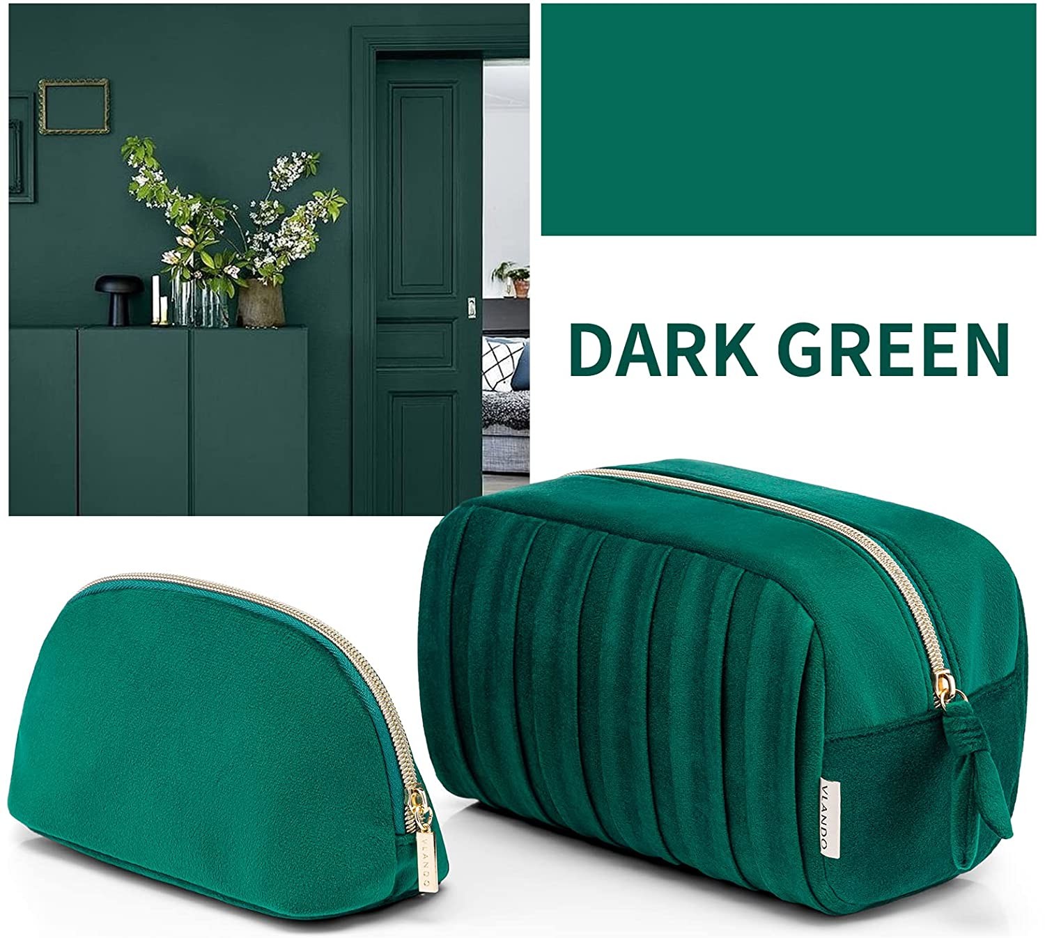 Velvet Custom Pouch Luxury Beauty Makeup Bag Zipper Velvet Travel Professional Cosmetic Bag Green