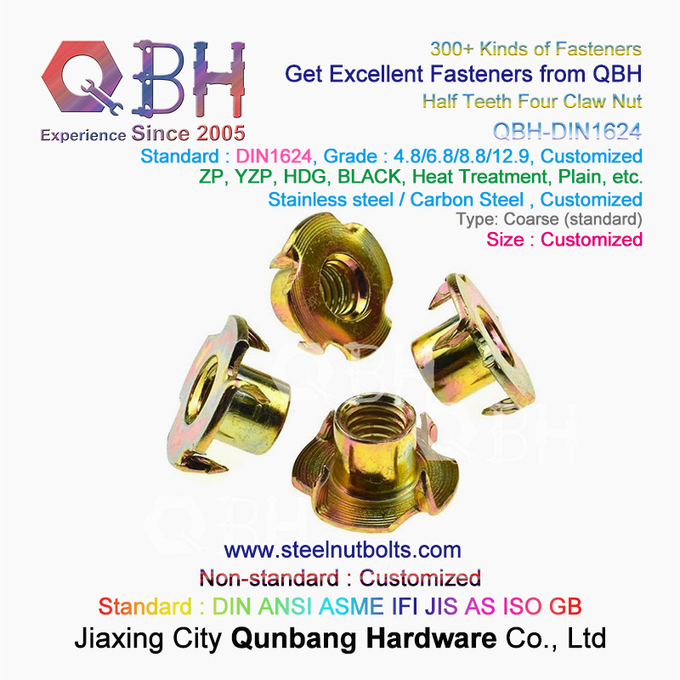 QBH M4-M10 DIN 1624 Yellow Zinc Coated Carbon Steel Tee Nuts With Pronge