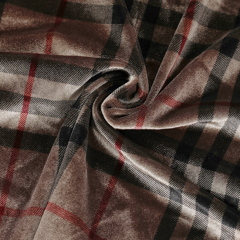 Coffee Color Plaid Patterned Velvet Fabric 240gsm For Pillowslip Curtain Pants