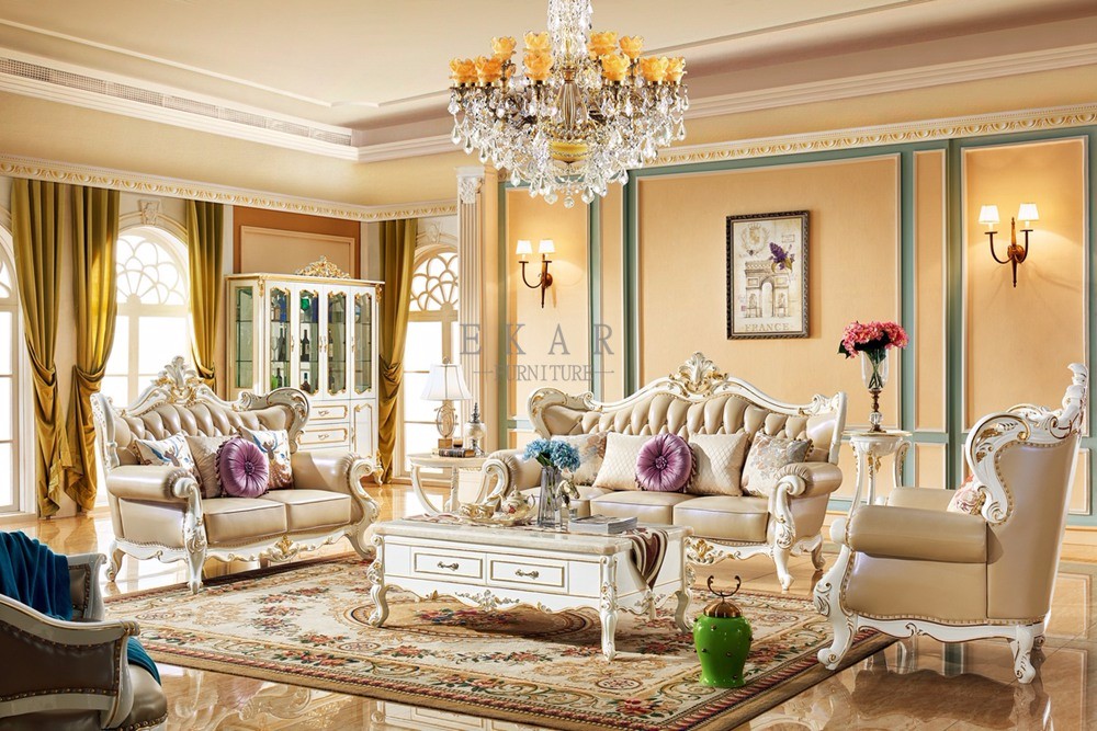 French white Wooden carved Frame Royal Furniture Classic living room Sofa Set