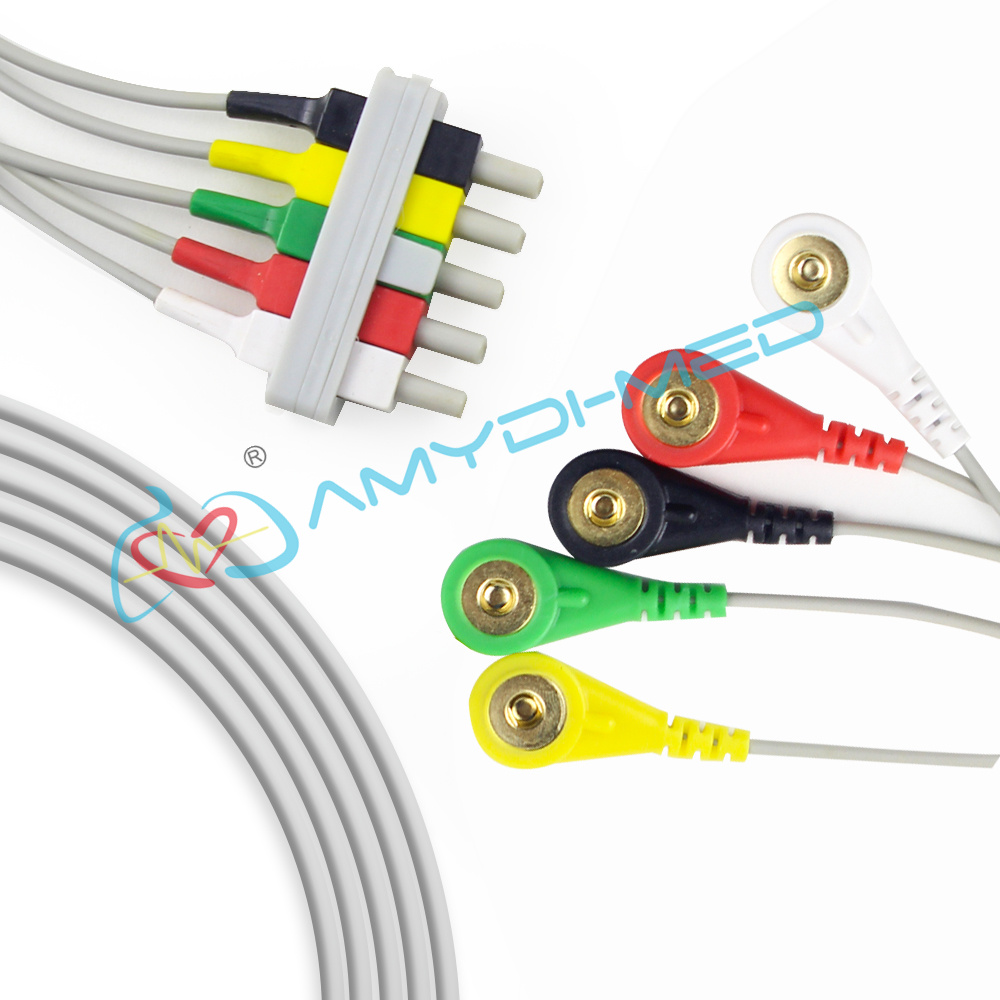 PH ECG Lead Wires 0.9 Meter ECG Cables And Leadwires Gray 5 Lead Clip AHA