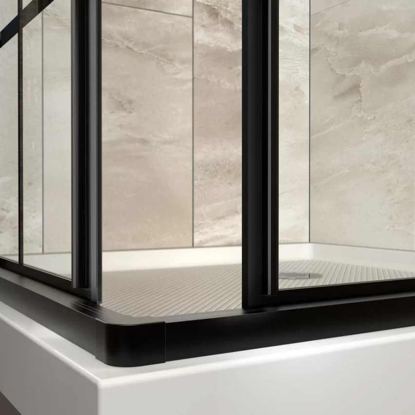 Corner 3 Panel Sliding Tempered Glass Wall With Black Framed Silk Pringint