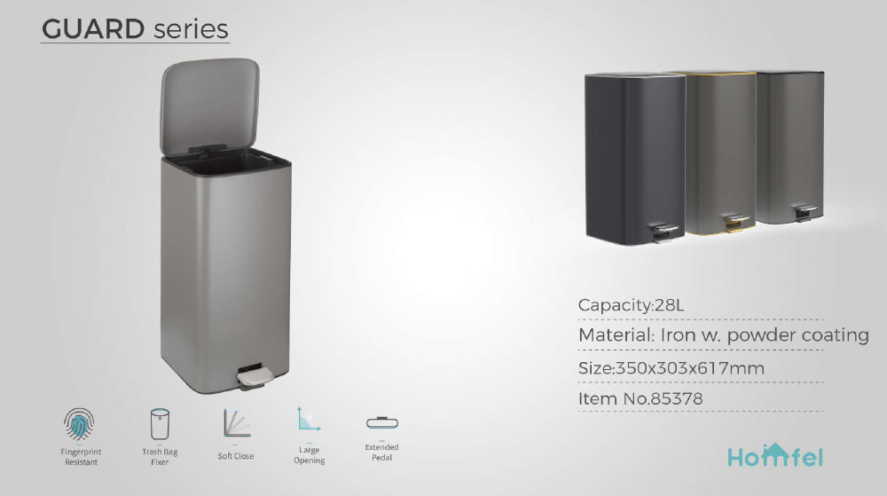 28L SS Rectangular Pedal Trash Can Waste Bin With Rolling Cover Type