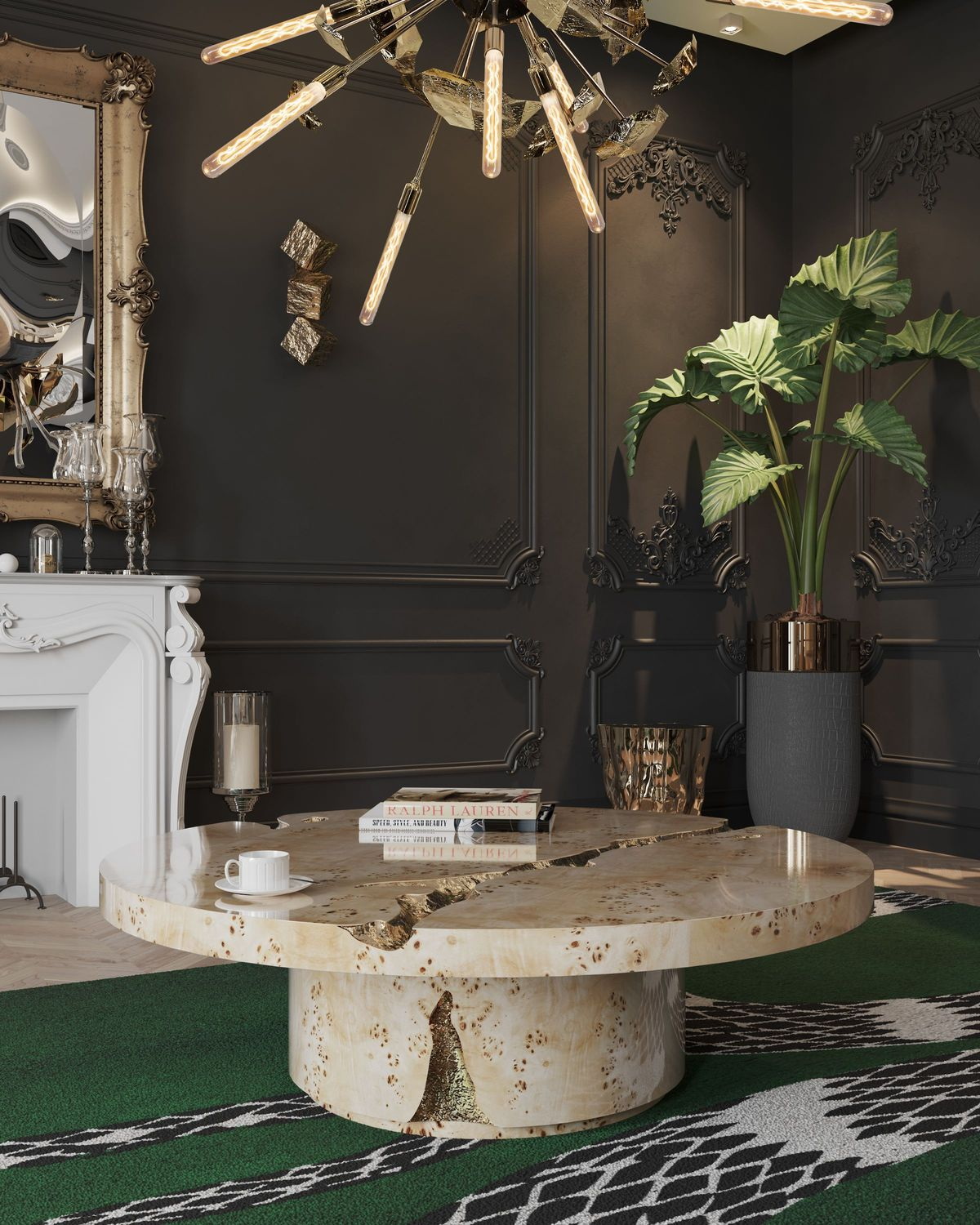 Black Modern Coffee Table Round Marble Top Nordic For Living Room Decor