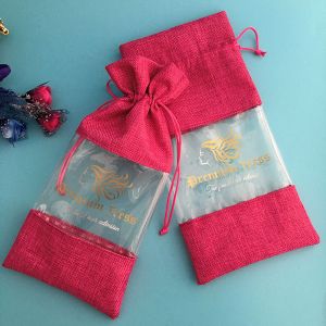 Hair Packing Drawstring Pvc Window Custom Printed Jute Bags