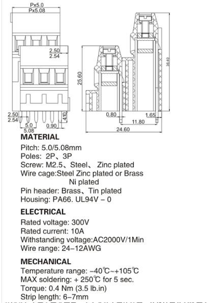 Green 3 Layers PCB Terminal Block 3 Pins 5.0/5.08 Mm Pitch Connector