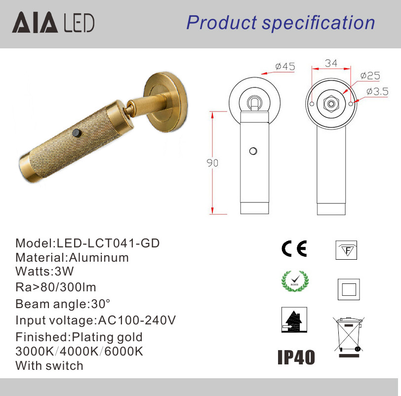 3W Luxury Gold Led Reading Light AC100-240V Bedroom Bedside Lighting Illumination Hotel Home Villa Sconces hotel light