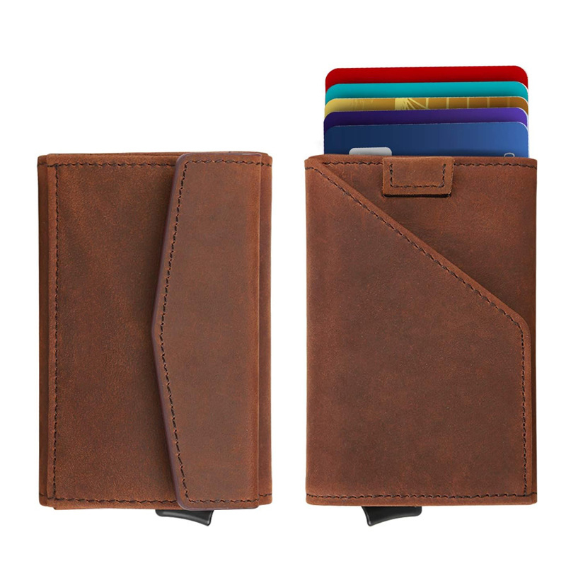 Genuine Leather RFID Blocking Aluminium Wallet for Men Pop Up Credit Card Holder Case