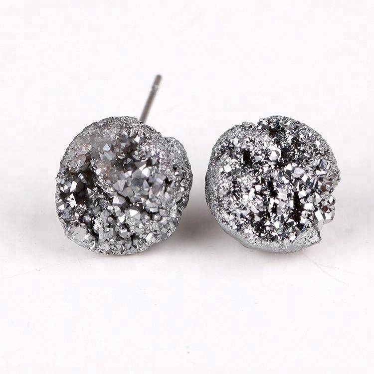Natural druzy fancy cute small charms post stud earrings stainless steel ear needle