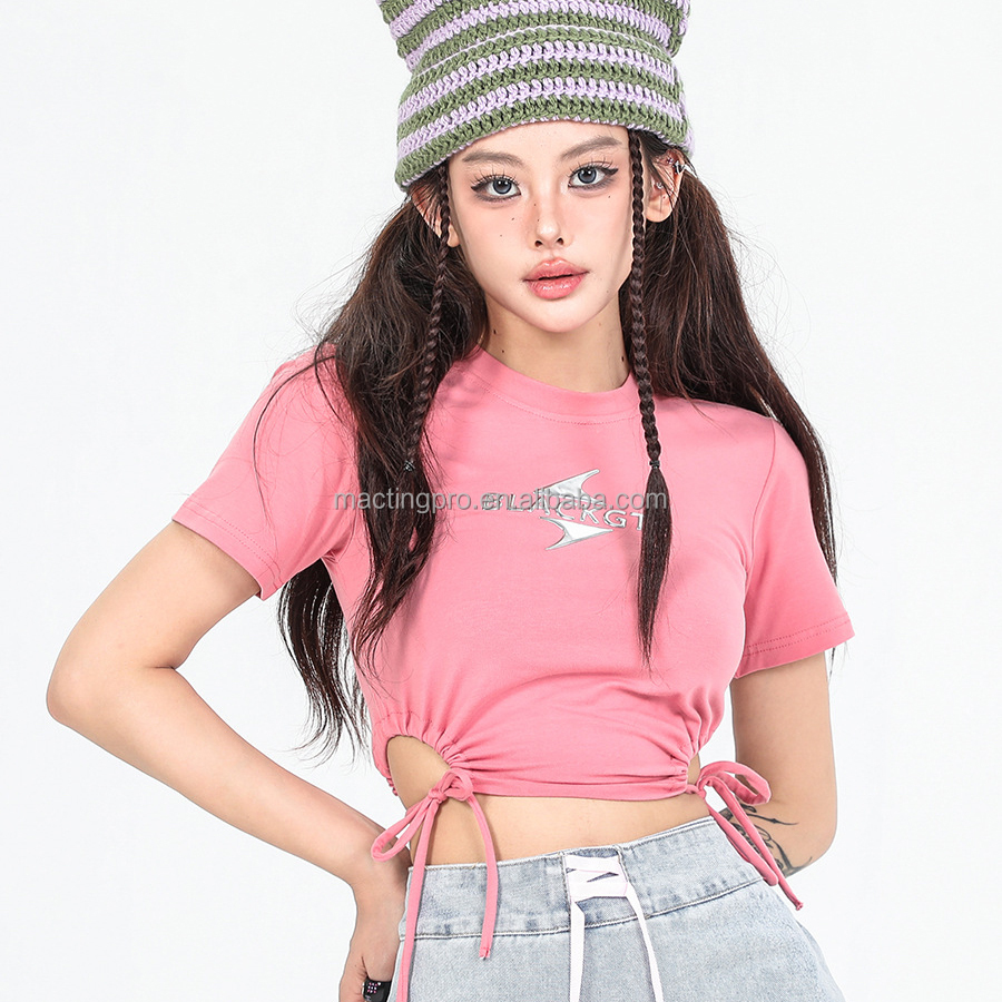 Y2k Side Drawstring Hallow Out Design Short Sleeve Crop Top Hot Sexy Fashion Slim Custom Baby Tee