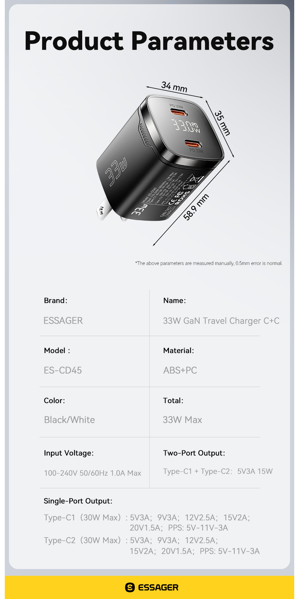 ESSAGER ES-CD45 33W GaN Charger Dual USB C PD Charger