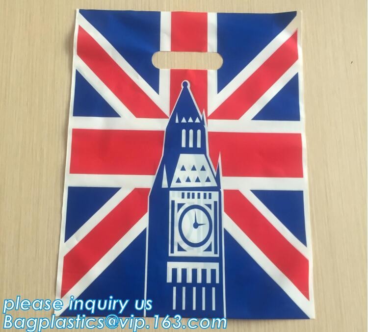 Custom Printed Stand Up Block BottomSoft Loop Handle Plastic Carrier Shopping Bag，Plastic Soft Loop Handle Bag for Shopp