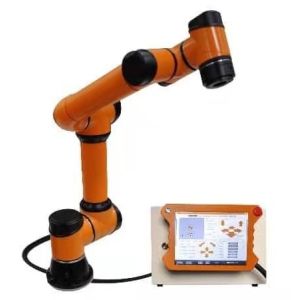Robot arm 6 axis AUBO i5 pick and place robot operating with hand drive