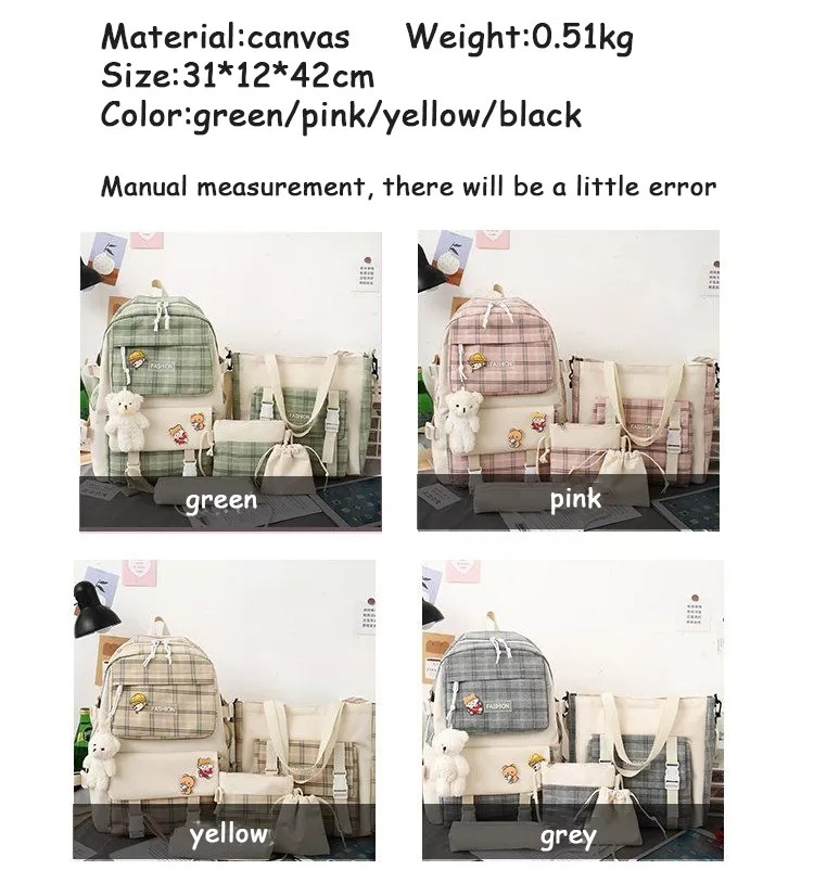 42cm Student School Backpack Sets Lovely Grid Printing 5 Pieces Backpack