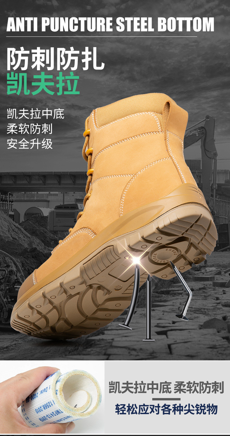 Wheat Cowhide Rubber Sole Glass Fiber Toe Security Guard Work Boots Anti Smashing Kevlar Anti-Proof Work Shoes