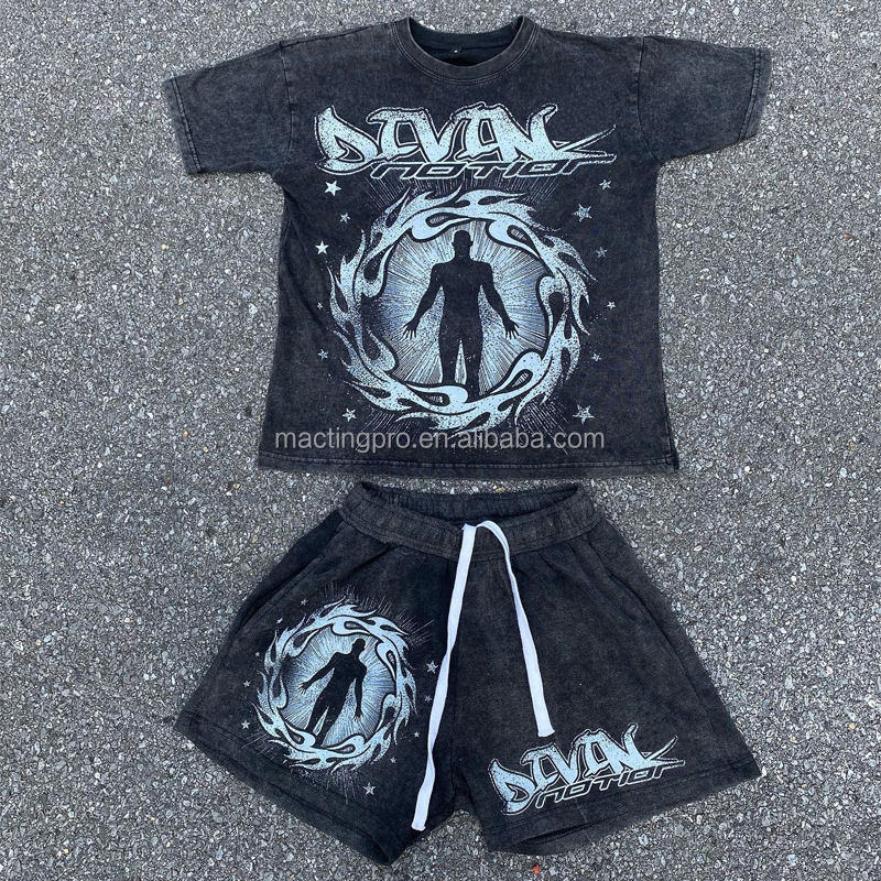 Custom Streetwear Vintage Two Piece Joggers Tshirt Stone Acid Wash Set for Men