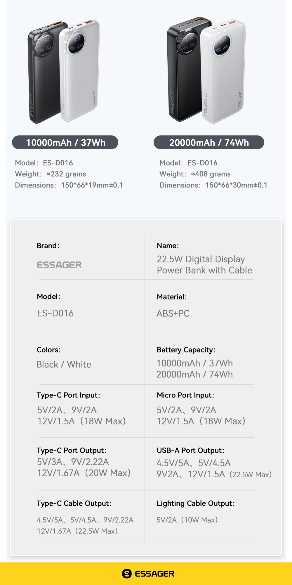 ESSAGER ES-D016 Series USB A/C/Lighting Output Battery Power Bank 10000mah