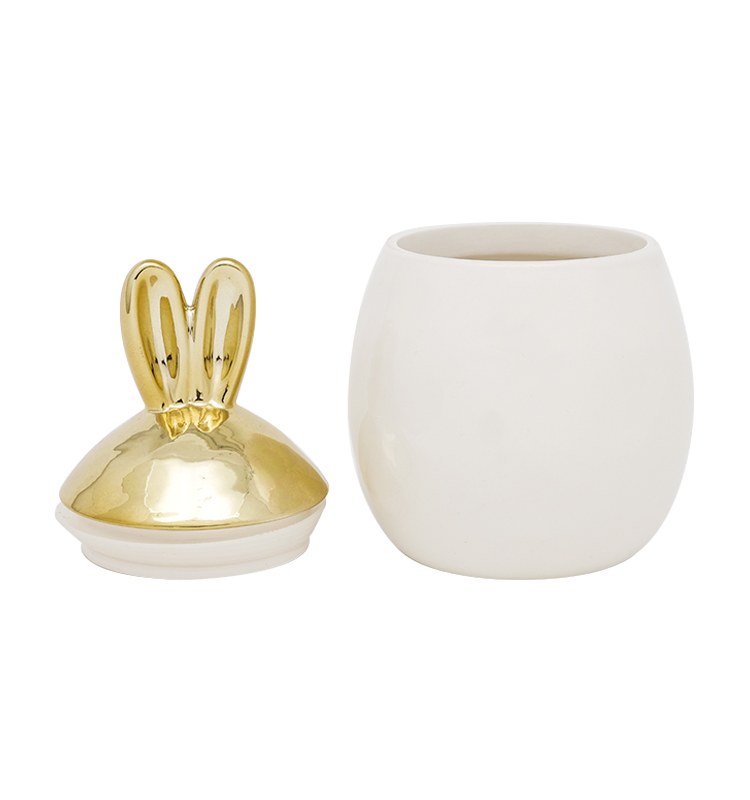 Latest Easter Rabbit Cookie Sugar Coffee Ceramic Storage Canister With 3D Golden Electroplated Lid