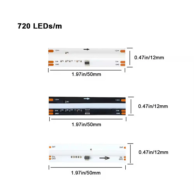 RGB COB LED Light Strip Addressable 12V 720 Light/Meter 2811IC Color Flexible